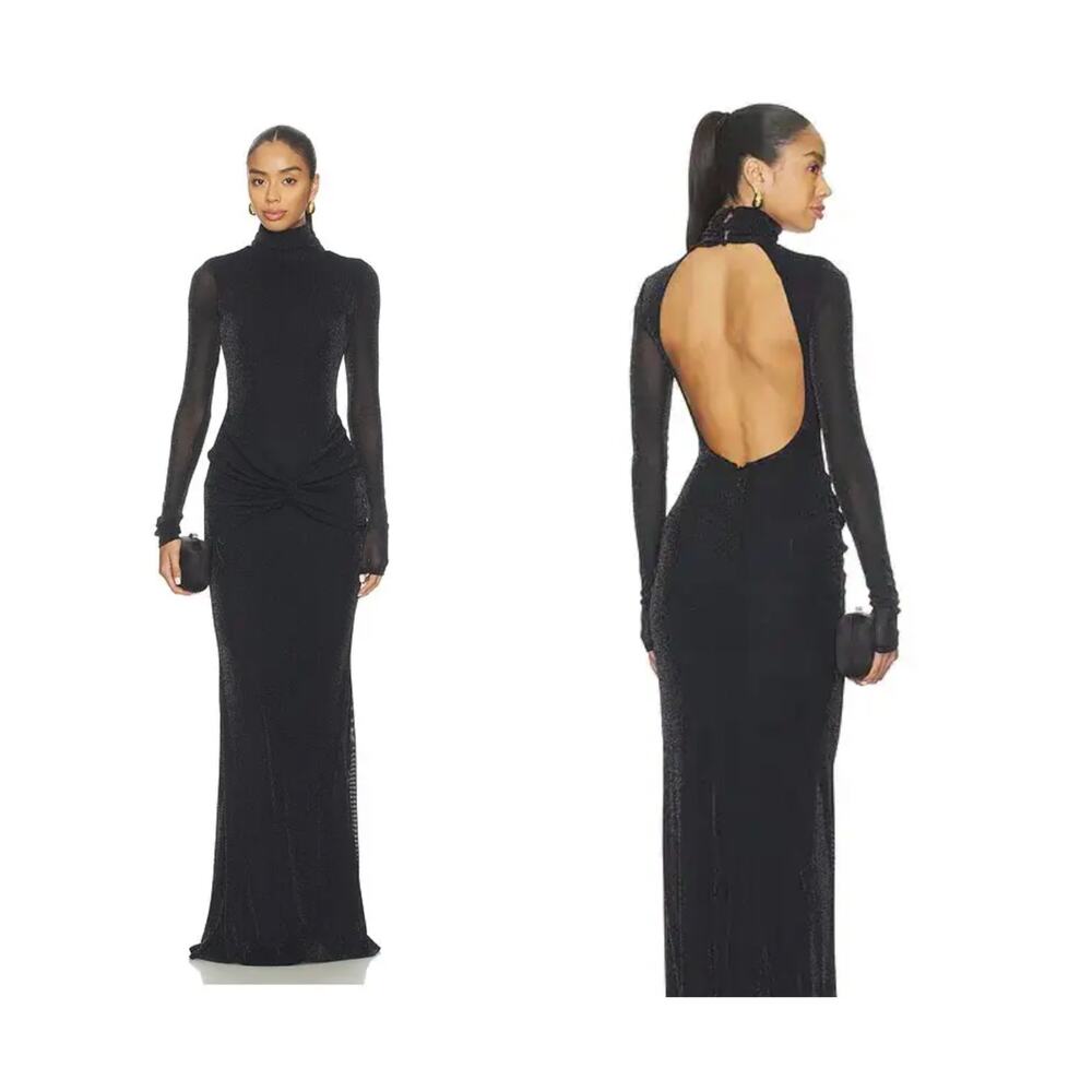 Lovers + Friends Lucille Metallic Open Back Ruched Maxi Gown Black NWT Size L